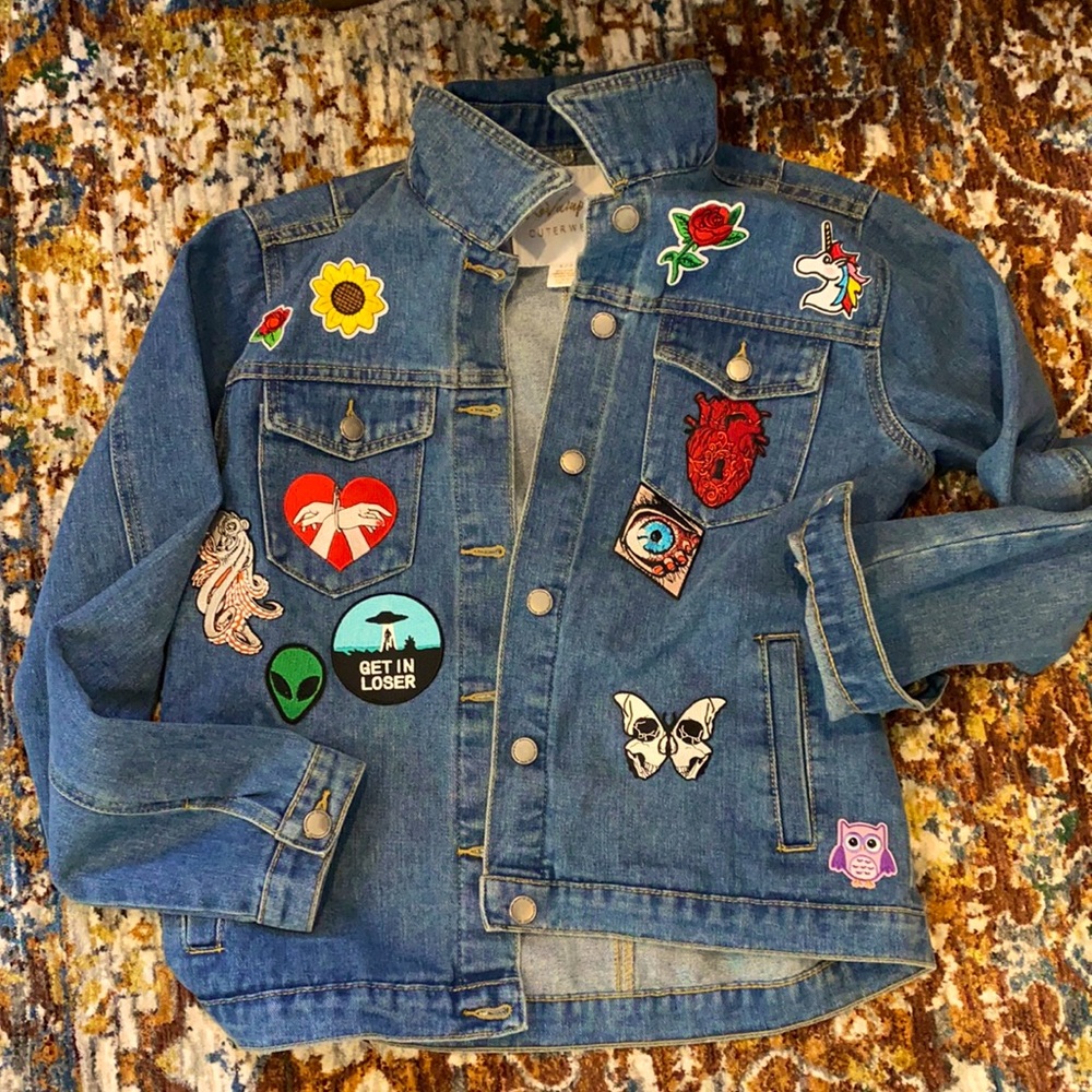 Jean jacket, denim, woman’s small, Patches
